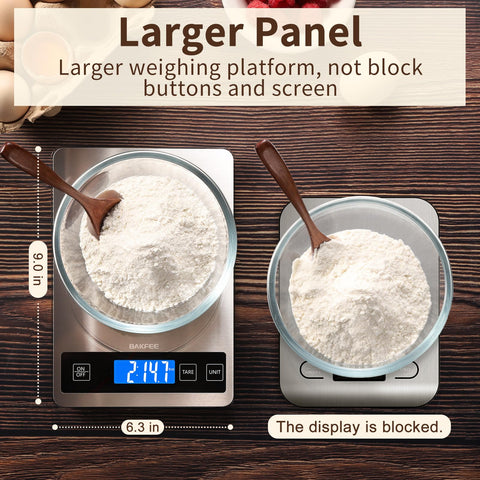 BakFee scale with large bowl on 9x6.3-inch platform demonstrating capacity for big containers