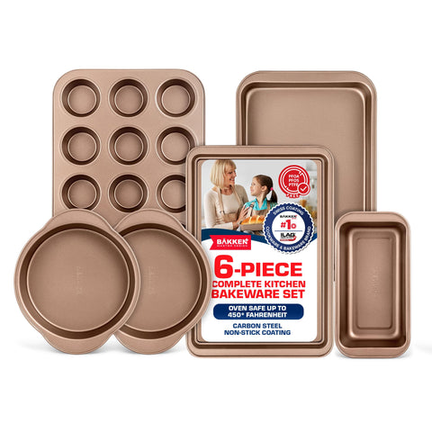 BAKKEN front view of full brown bakeware set showing versatility and compact design