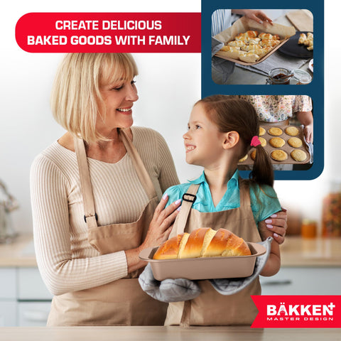 BAKKEN label and dimensions close-up showing oven-safe info and pan sizes
