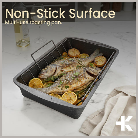 BAKKEN next to sheet pan showing 17x13 scale for meal planning and oven fit