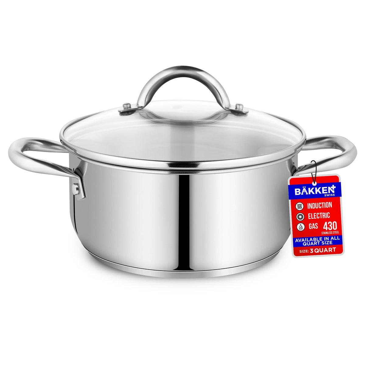 bakken-swiss stockpot front view showing polished exterior and tempered lid for stylish durability