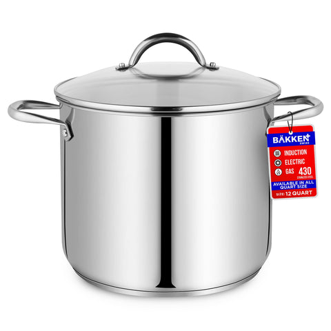 Bakken- Swiss front view of 12 qt stockpot showing polished exterior and lid benefit