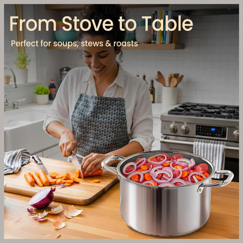 bakken-swiss stockpot in use simmering soup demonstrating consistent cooking performance