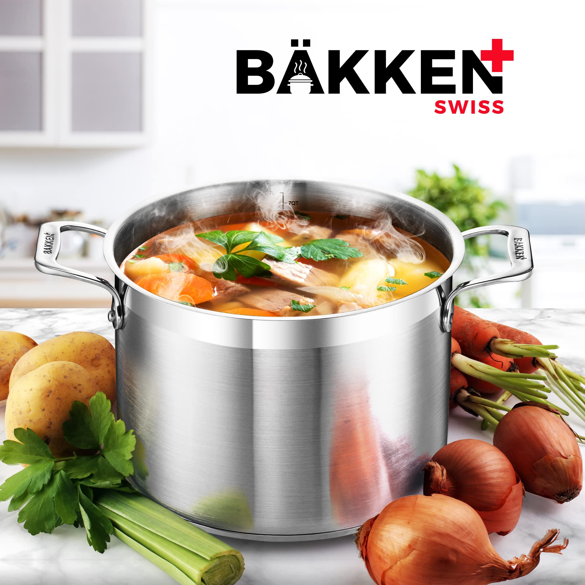 Bakken- Swiss stockpot on kitchen counter styled for serving to show polished aesthetic benefit