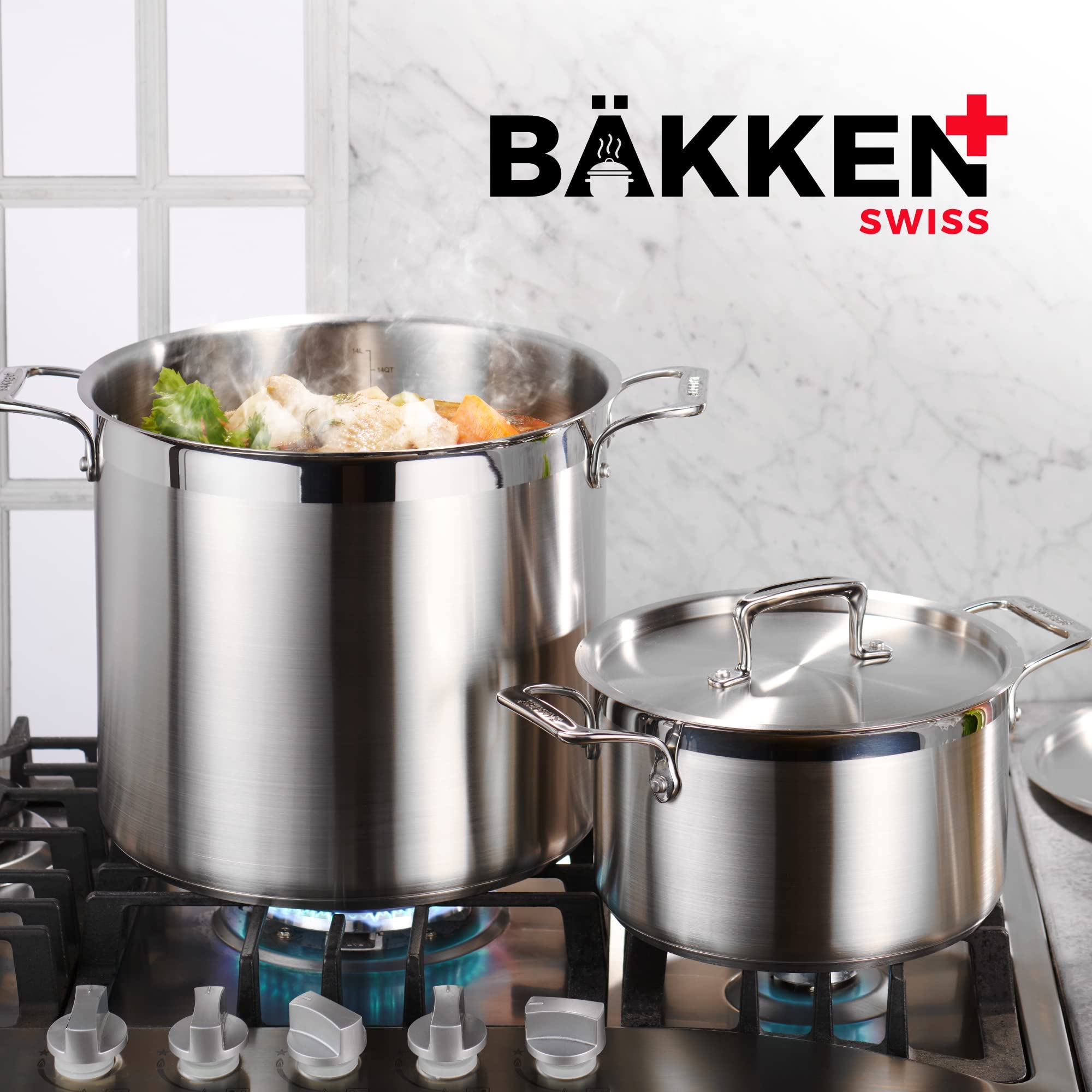 Bakken- Swiss stockpot next to a chair for scale to show compact 24-quart size