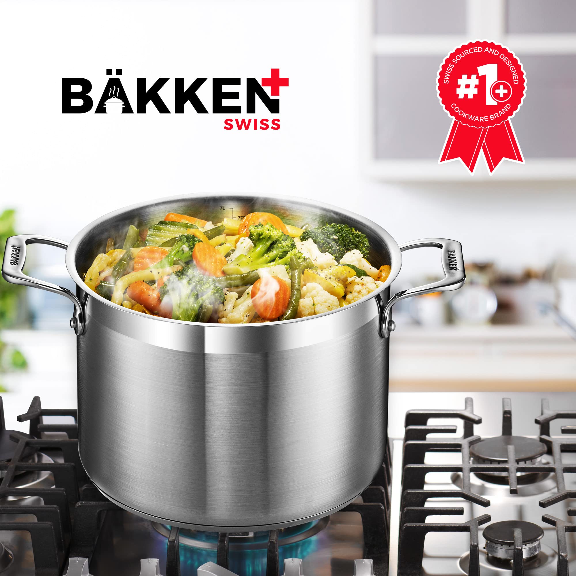 Bakken- Swiss stockpot beside a boxed pasta showing 12 qt scale and useful capacity