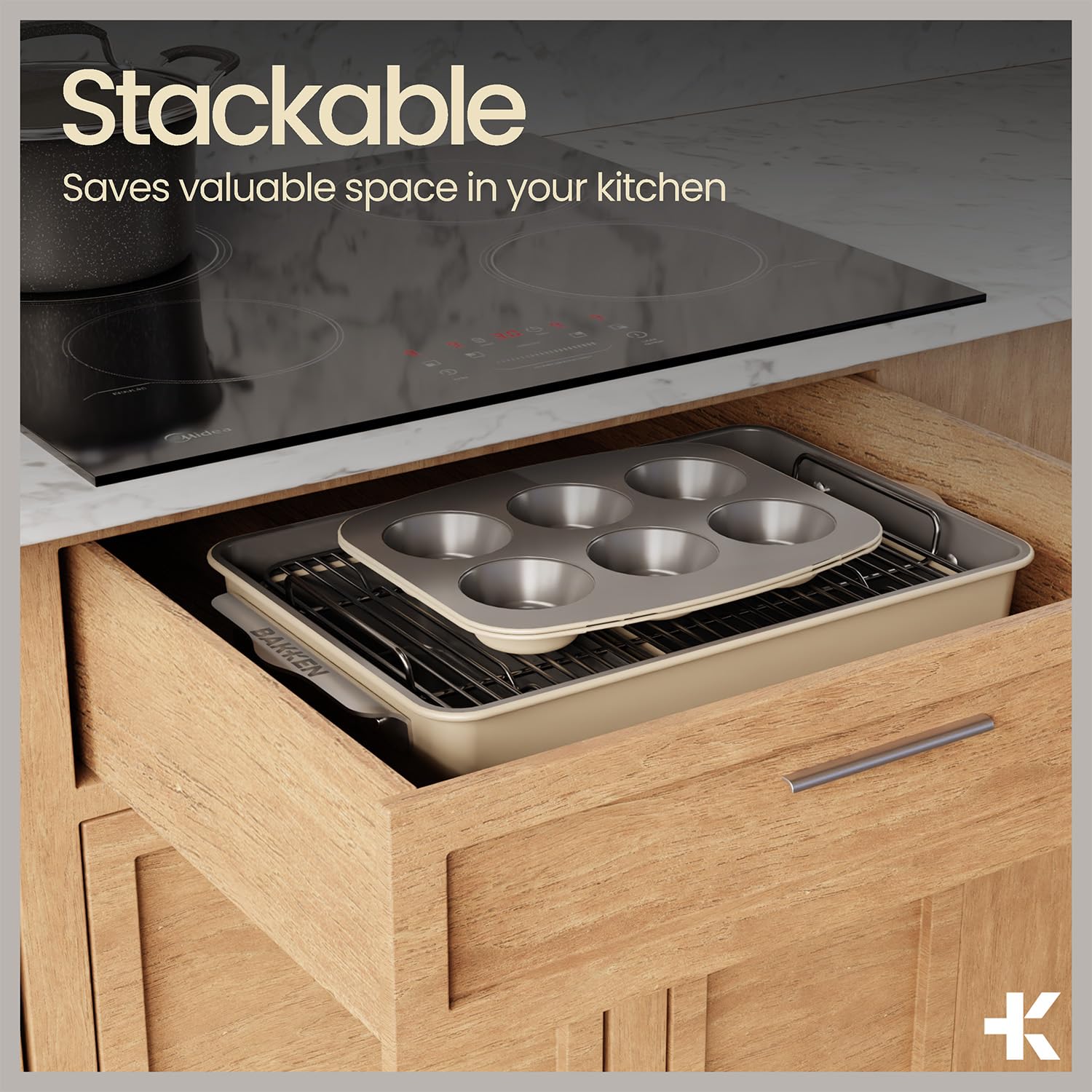 BAKKENMASTER two baking sheets stacked to save storage space and improve workflow