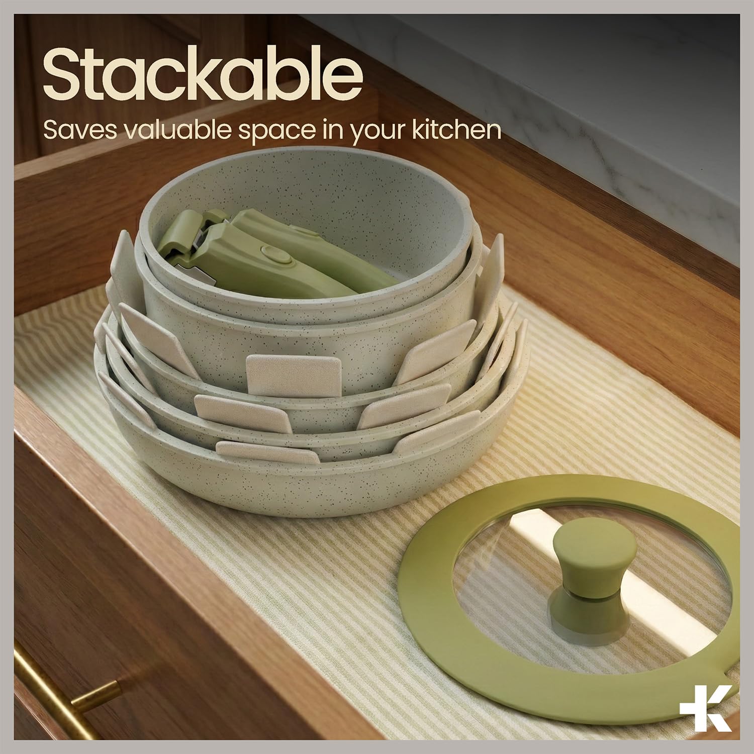 BAKKENMASTER pans beside utensils showing scale and practical kitchen fit