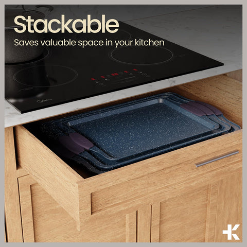 BAKKENMASTER pans stacked in cabinet for space-saving, organized storage