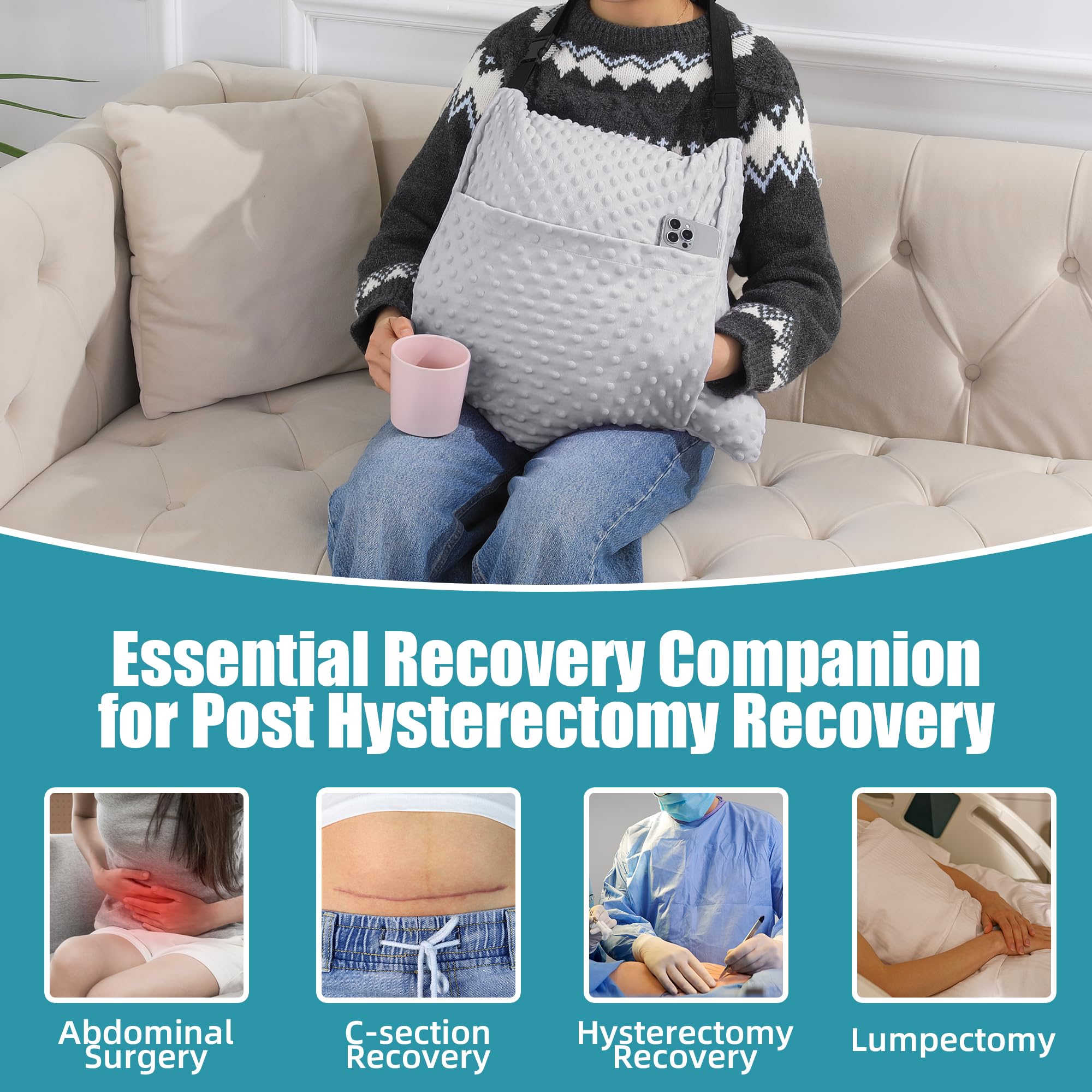 BALAPET lifestyle photo of user resting on couch with pillow providing gentle abdominal support and relaxation