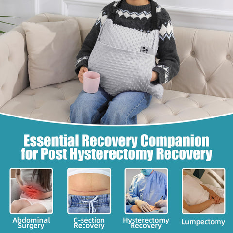 BALAPET lifestyle photo of user resting on couch with pillow providing gentle abdominal support and relaxation