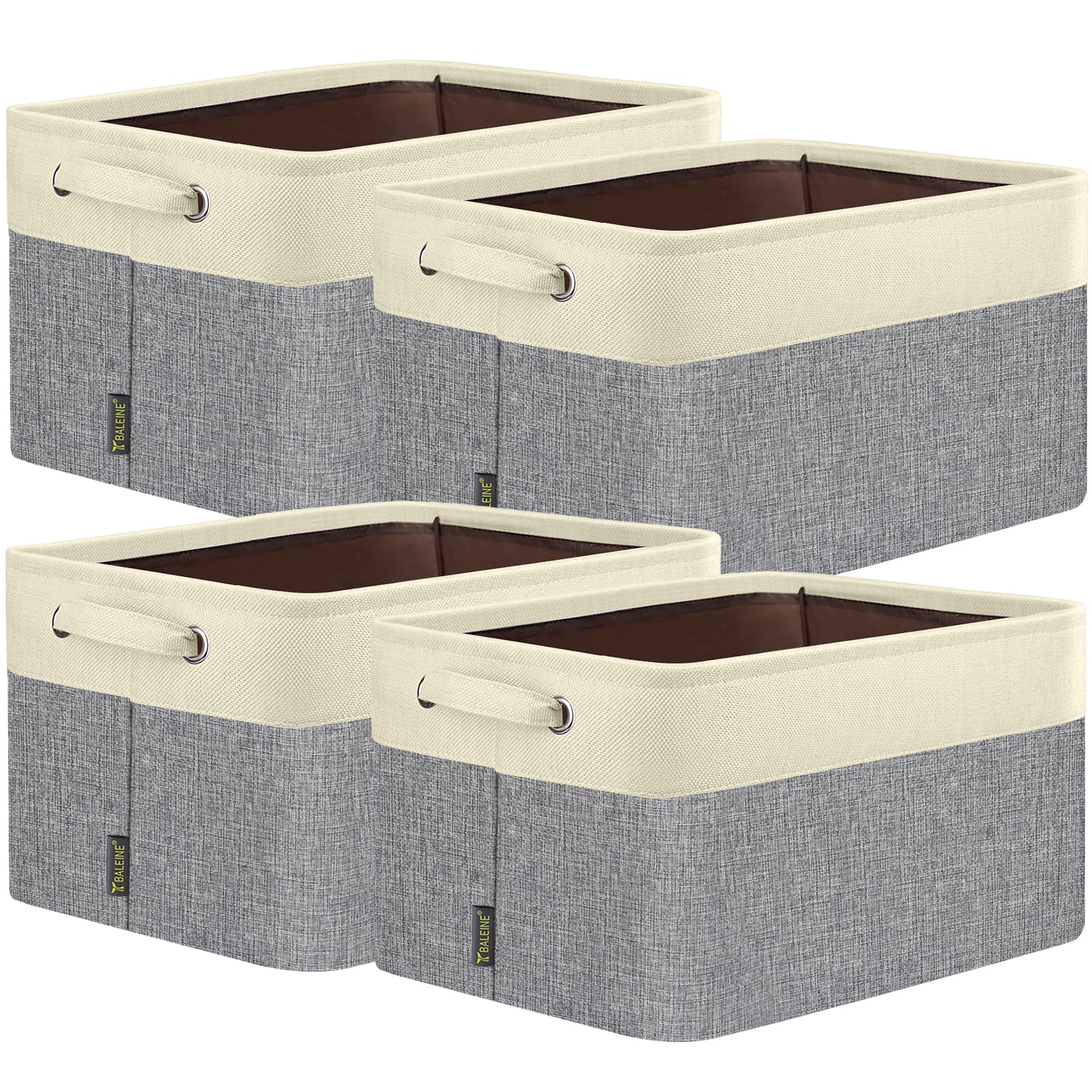 BALEINE front view of four grey fabric storage bins, neat shelf styling benefit