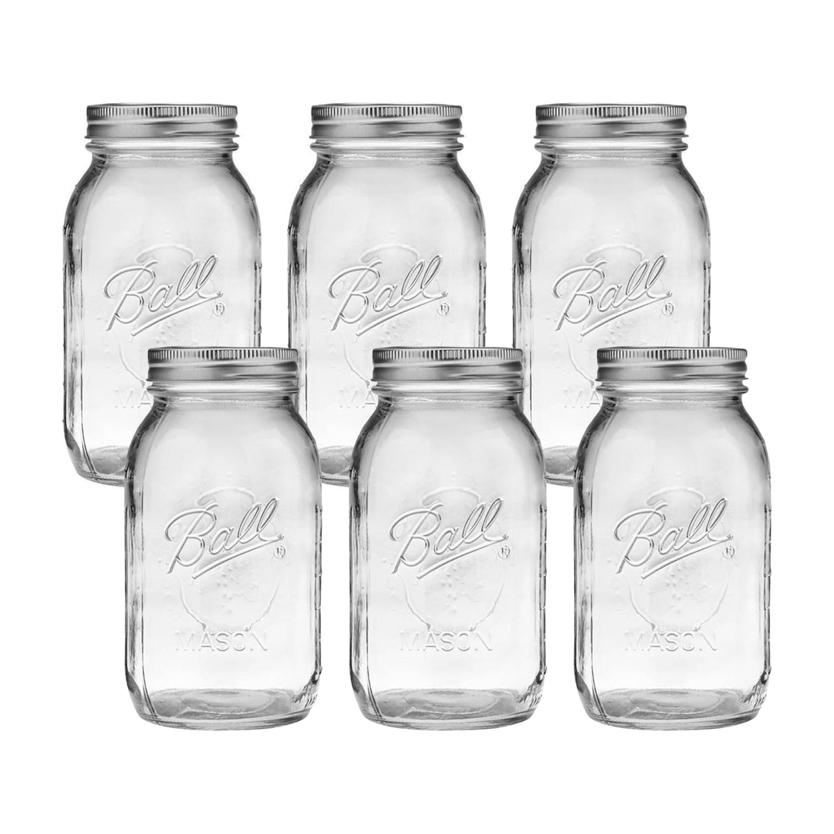 Ball jar pack front view showing six 32oz jars and bands, organized storage benefit