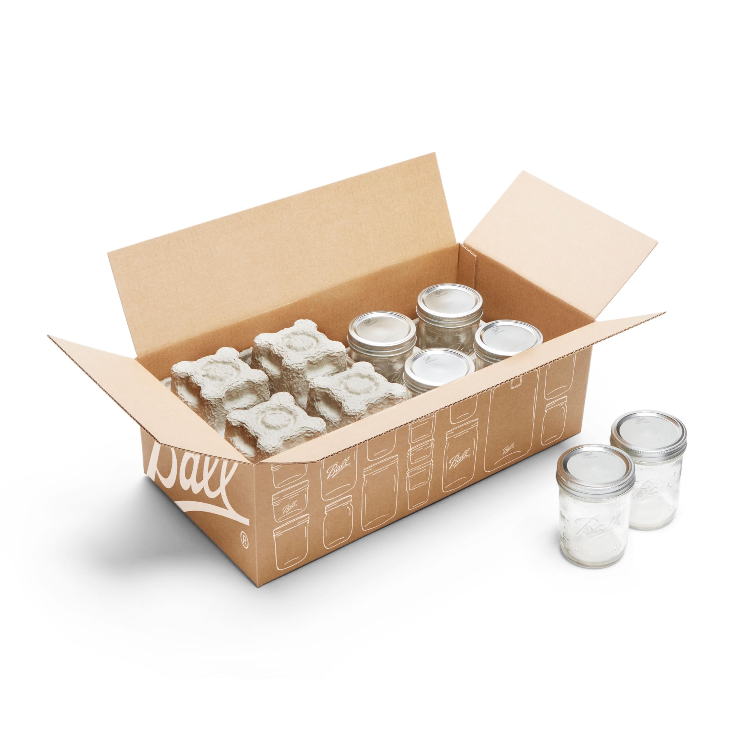 Ball front view of 8-count pint jar pack showing clear glass benefit
