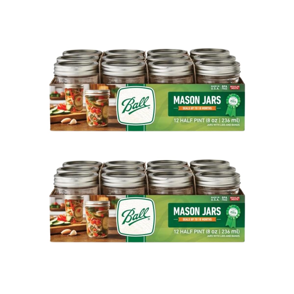 Ball jars front pack showing 24 half-pint jars and lids, durable storage benefit