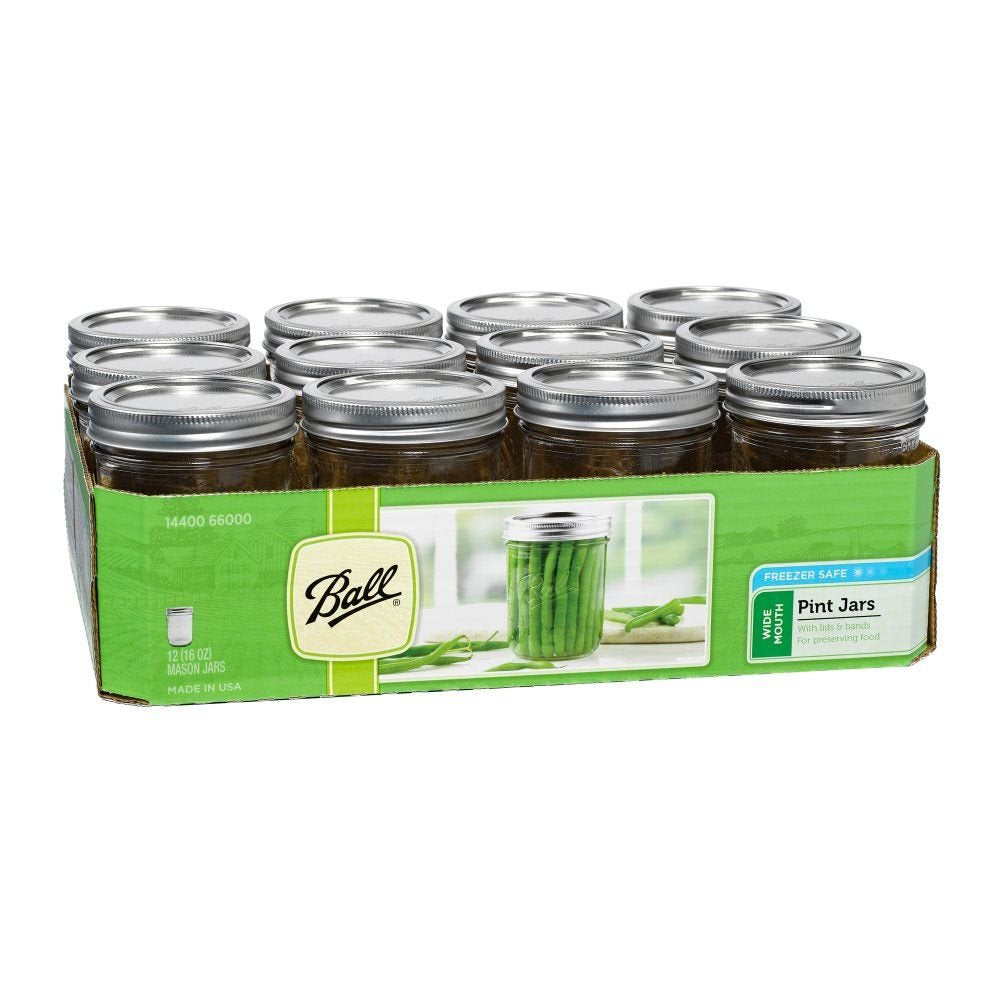 Ball wide-mouth pint front view showing 12 jars for reliable storage