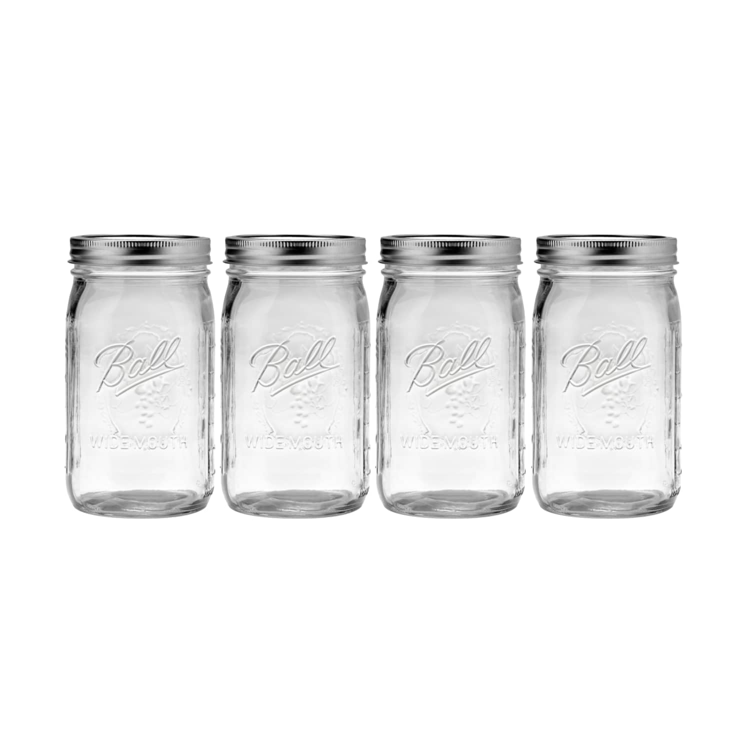 Ball jar front packaging showcasing the four-pack and included lids for storage