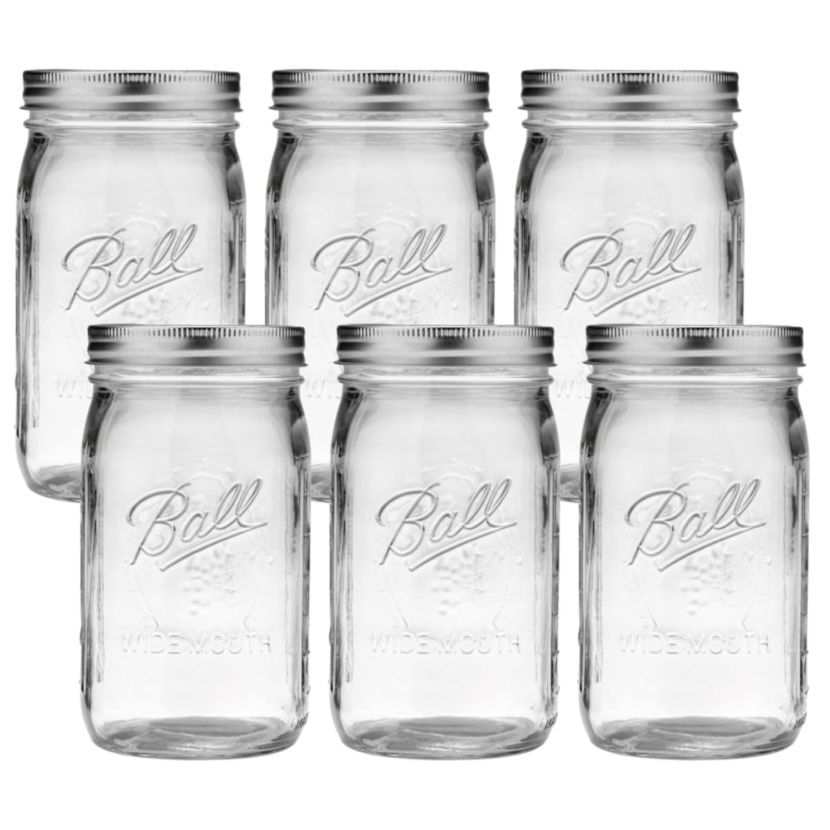 Ball front view showing six wide-mouth quart jars for reliable storage