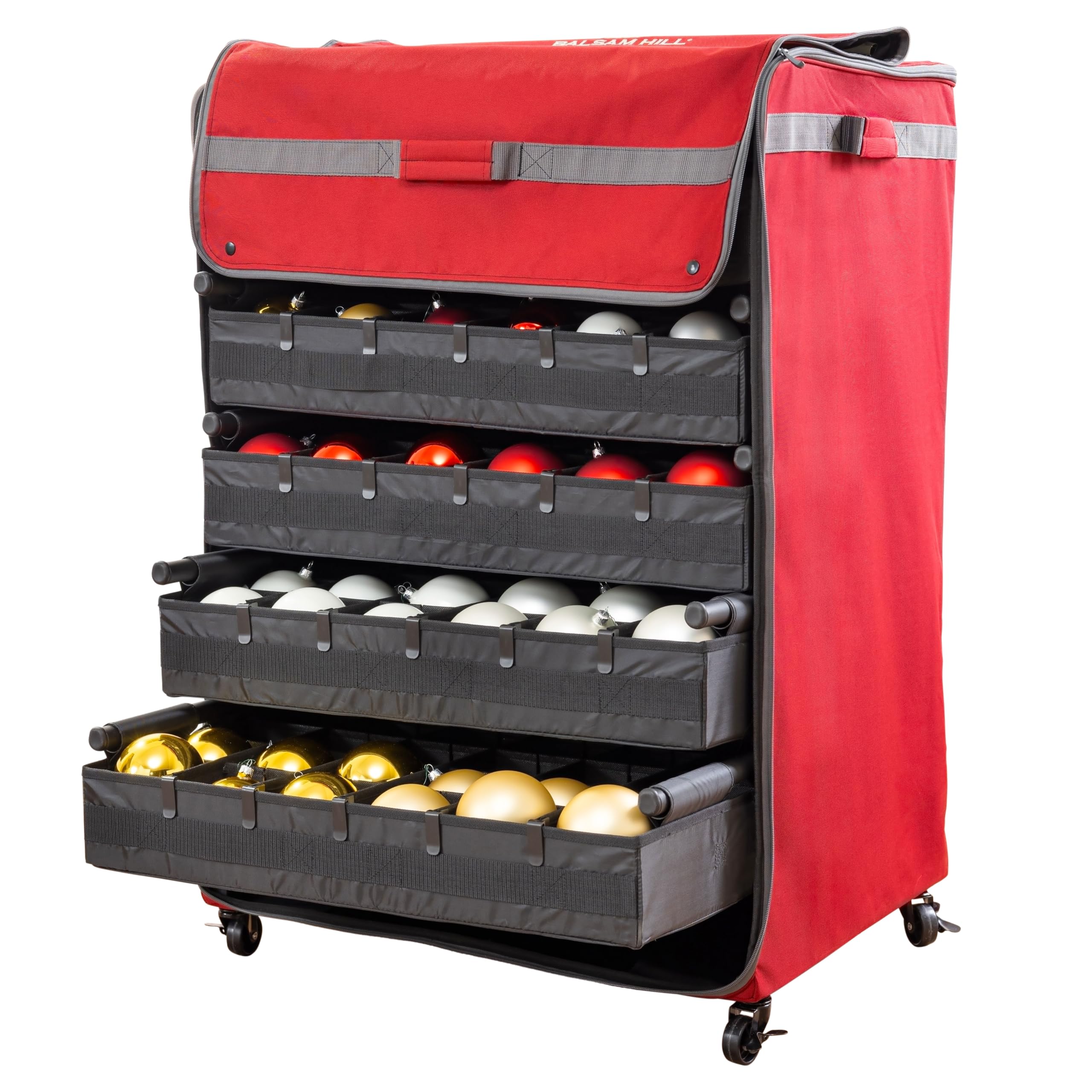 Balsam Hill front view of rolling ornament chest showing secure storage and easy transport