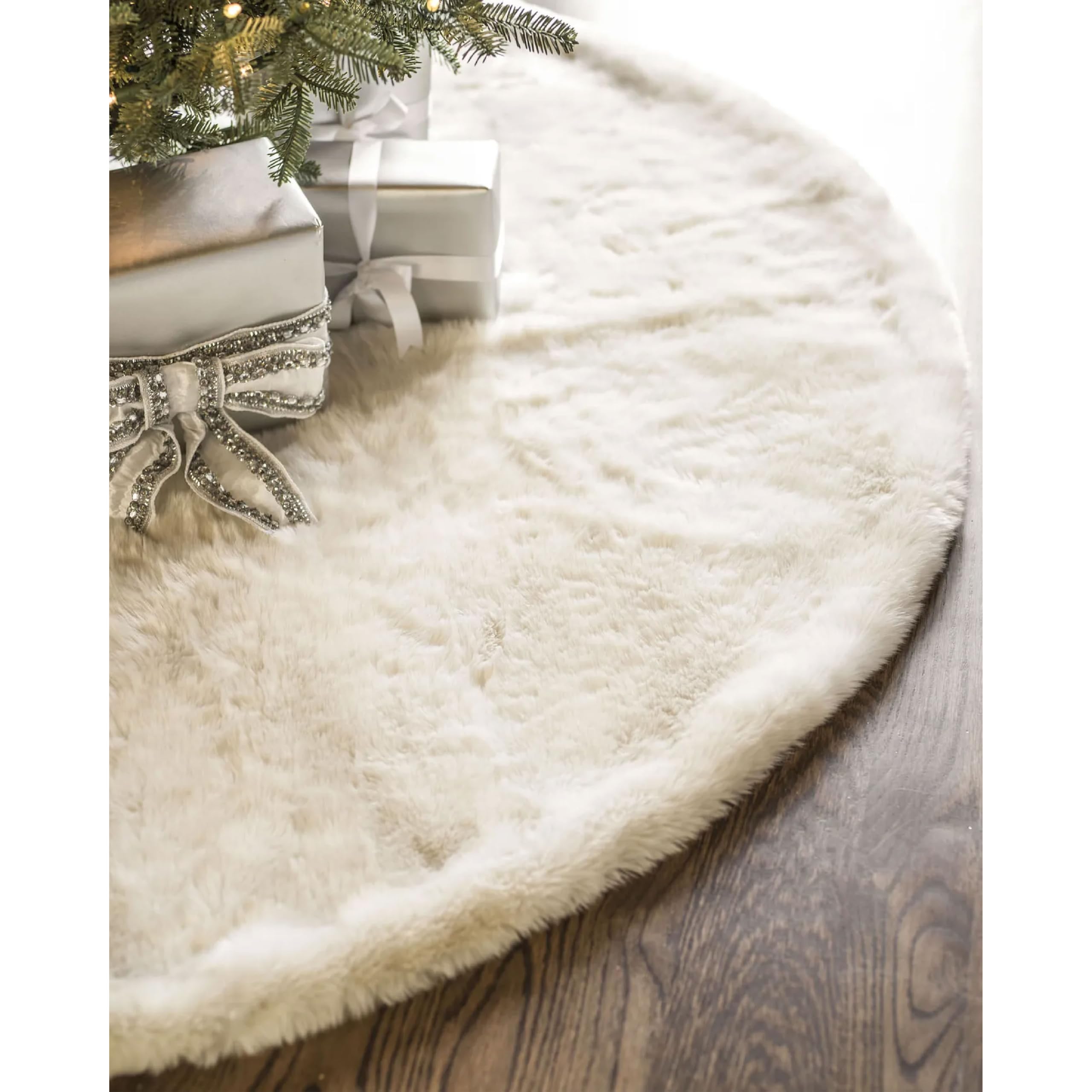 Balsam Hill front view of ivory-brown faux fur skirt showing elegant base coverage
