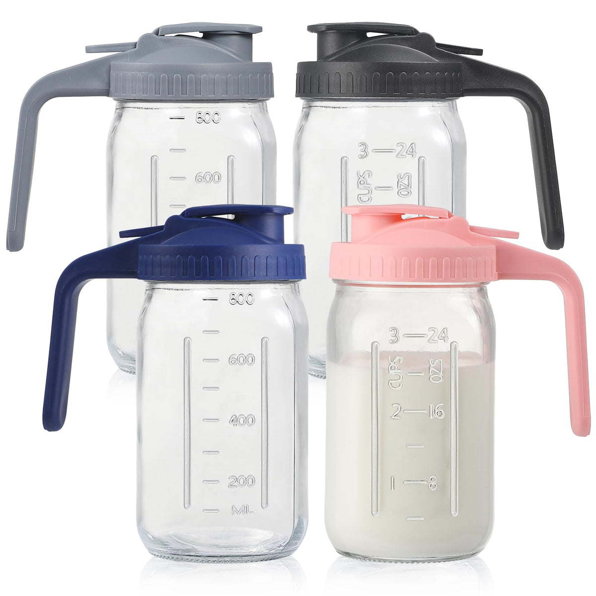 Balter-D front view of four 32oz pitchers showing color lids and labels for easy organization