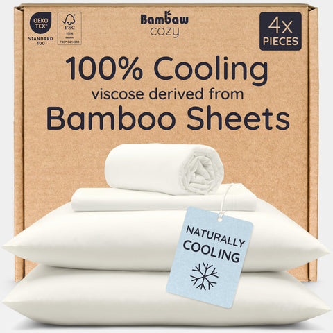bambaw ivory sheet set front packaging showing contents and benefit of easy setup