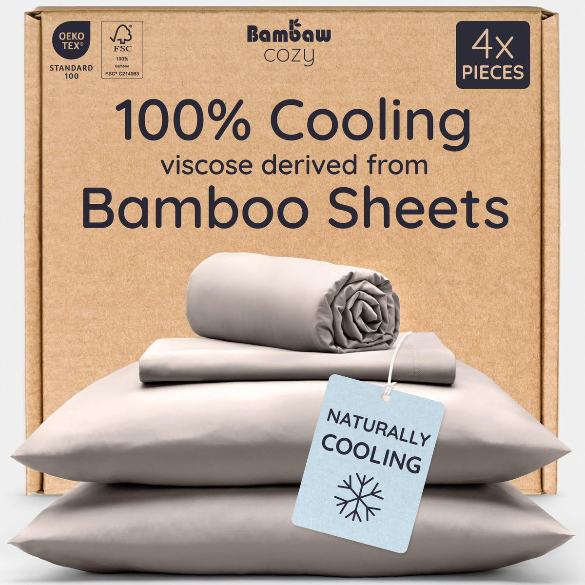 Bambaw queen sheet set front view showing sand color and complete four-piece set benefit