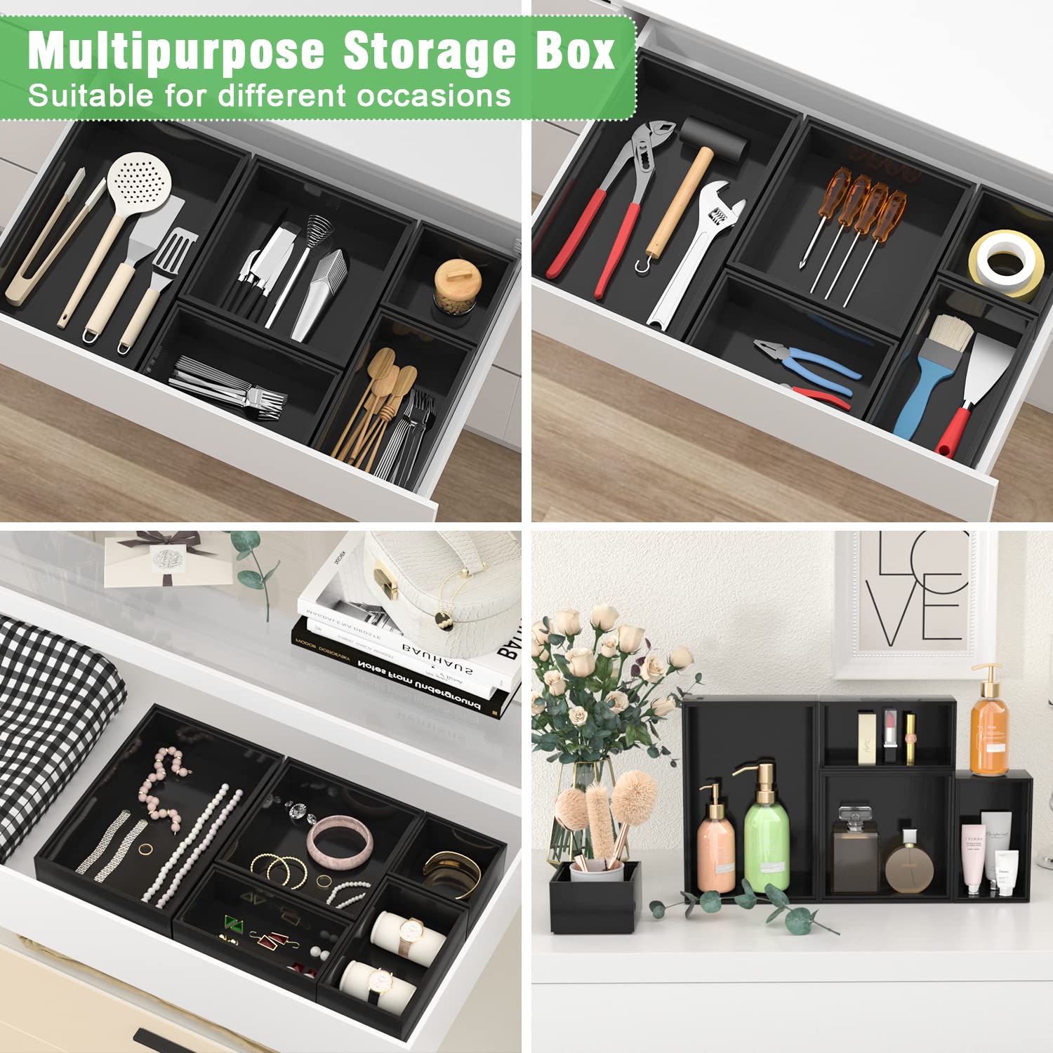 Bambloom stacked trays inside a wooden drawer, saving vertical space and adding order