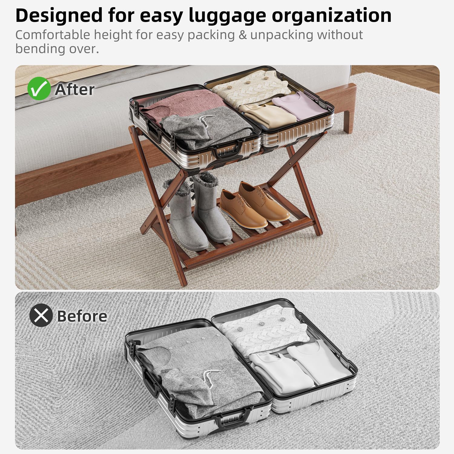 BAMBOOHOMIE with suitcase on top demonstrating wide size and stability