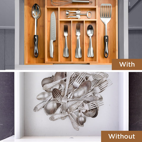 Bambüsi compartments filled with forks spoons knives showing separation for easy retrieval