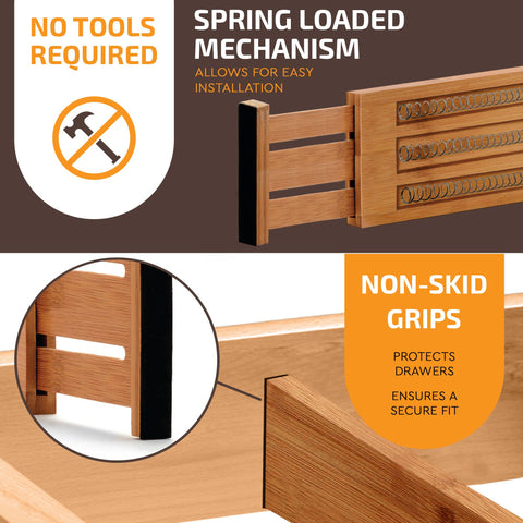 Bambüsi installed in a kitchen drawer holding spatulas and utensils neatly