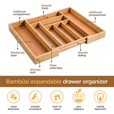 Bambüsi expanded width with ruler demonstrating adjustable fit for varied drawers