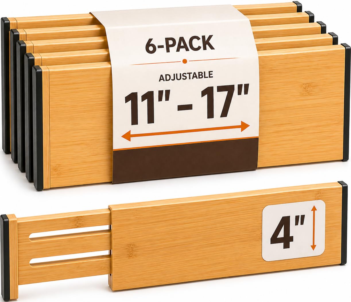 Bambüsi front view of six bamboo drawer dividers showing neat packaging and value