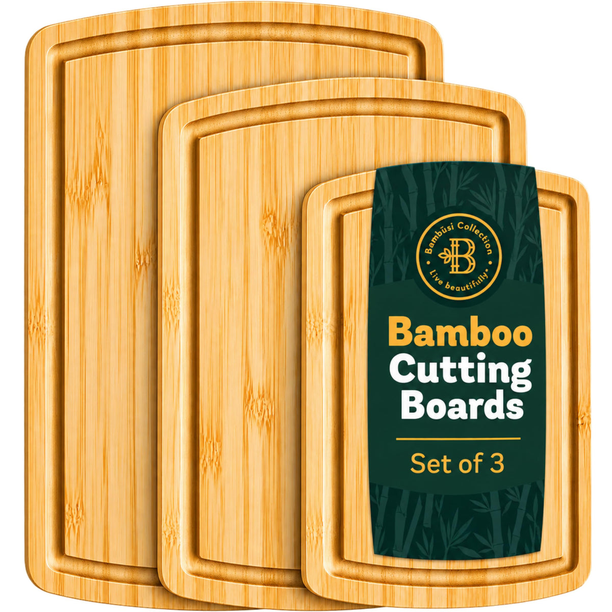 Bambüsi front packaging showing three bamboo cutting boards and benefits