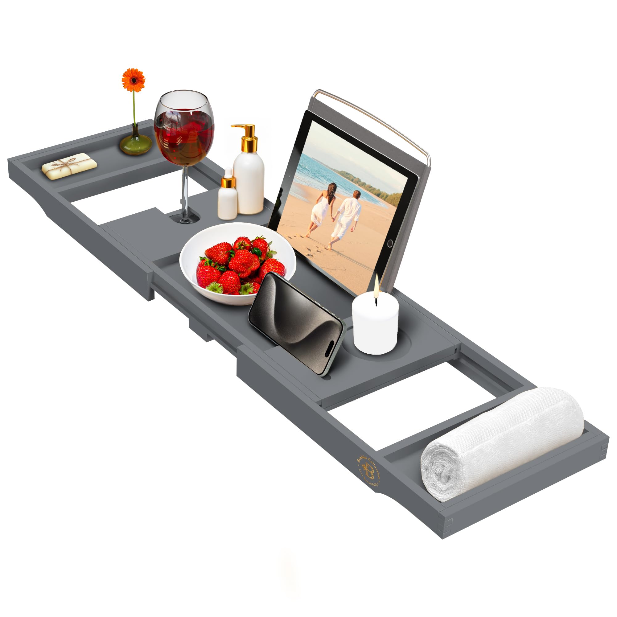 Bambüsi front view bamboo tray displaying compartments and elegant grey finish for organized baths