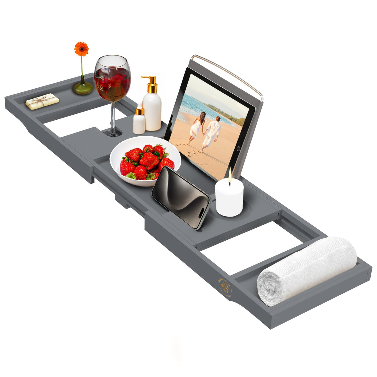 Bambüsi front view bamboo tray displaying compartments and elegant grey finish for organized baths