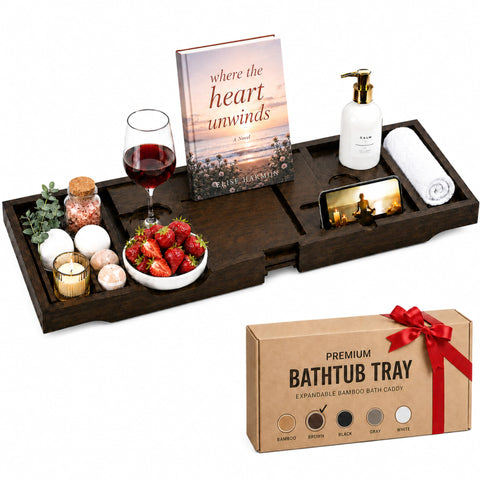 Bambüsi front view expandable tray showing tidy bath setup and easy reach