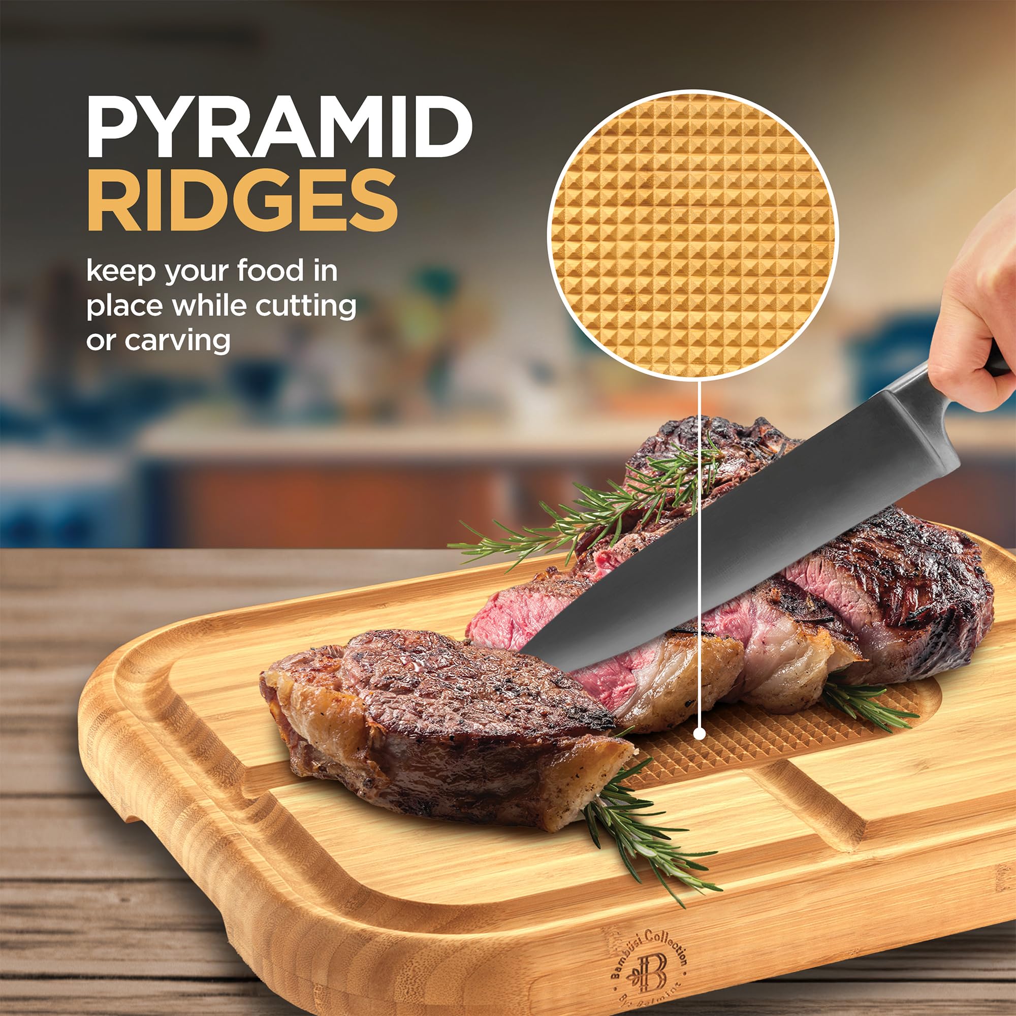 Bambüsi board in use carving brisket with steady grip for precise cuts