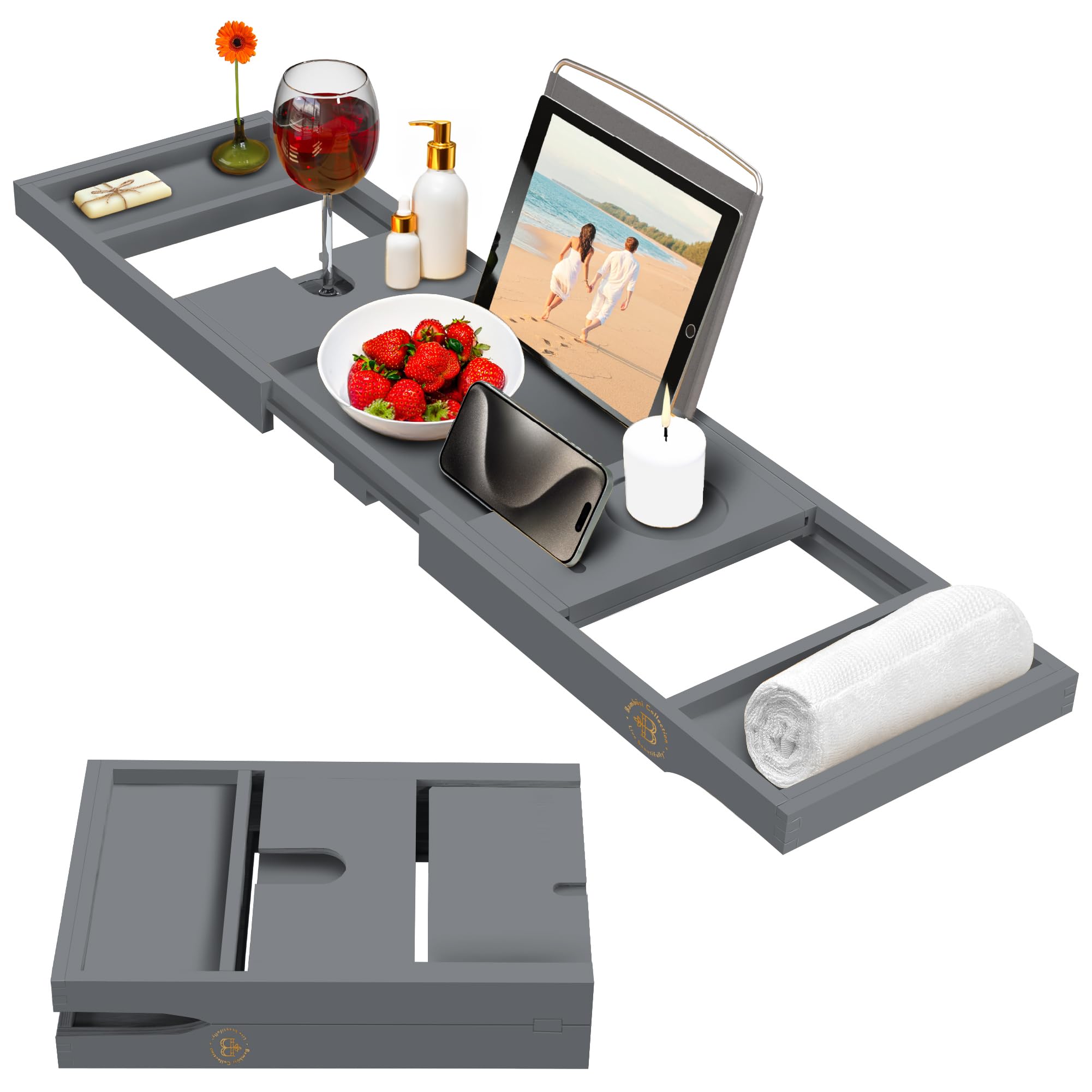 Bambüsi lifestyle image with candles and book creating a calming spa-like bath scene