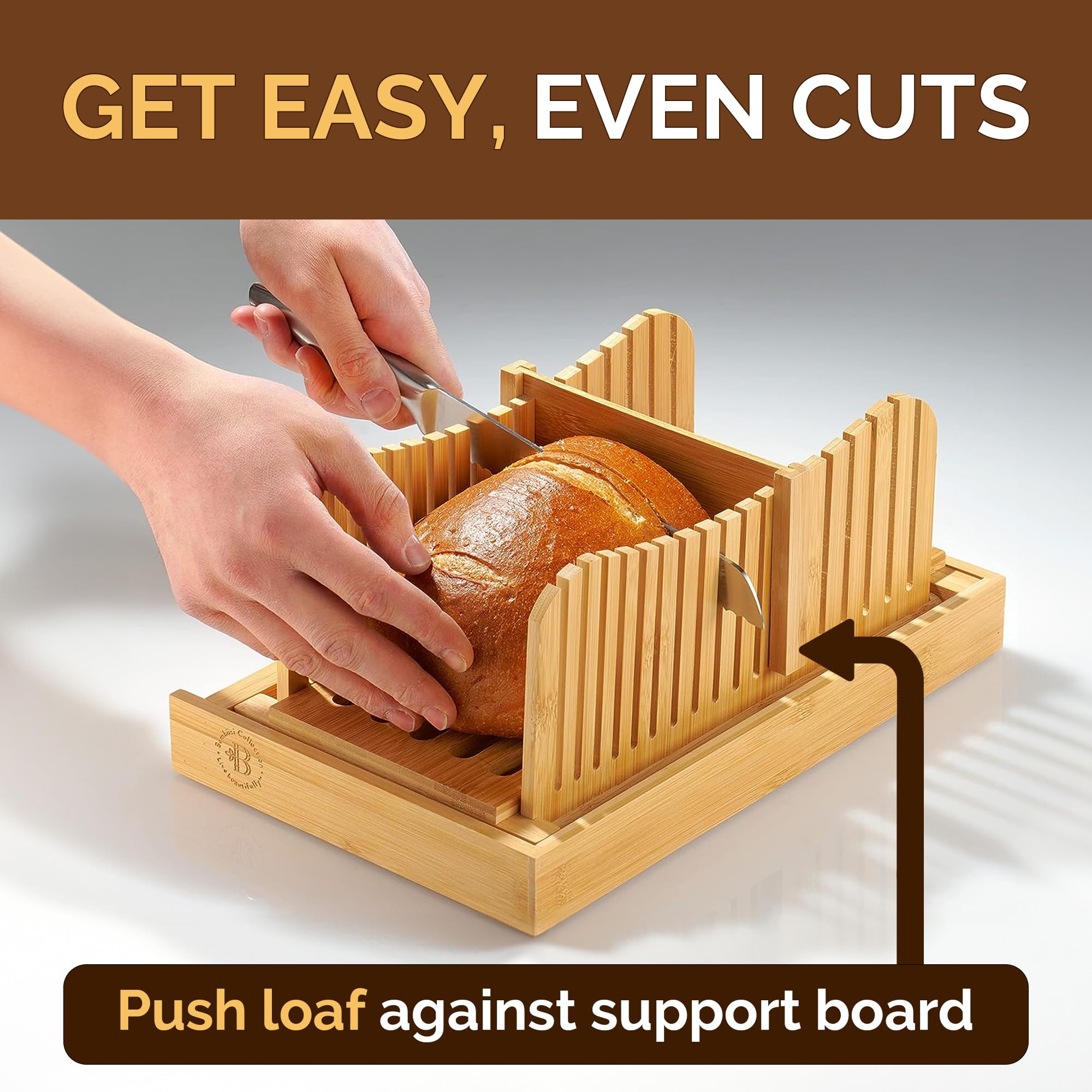 Bambüsi open slicer holding a homemade loaf for even slicing
