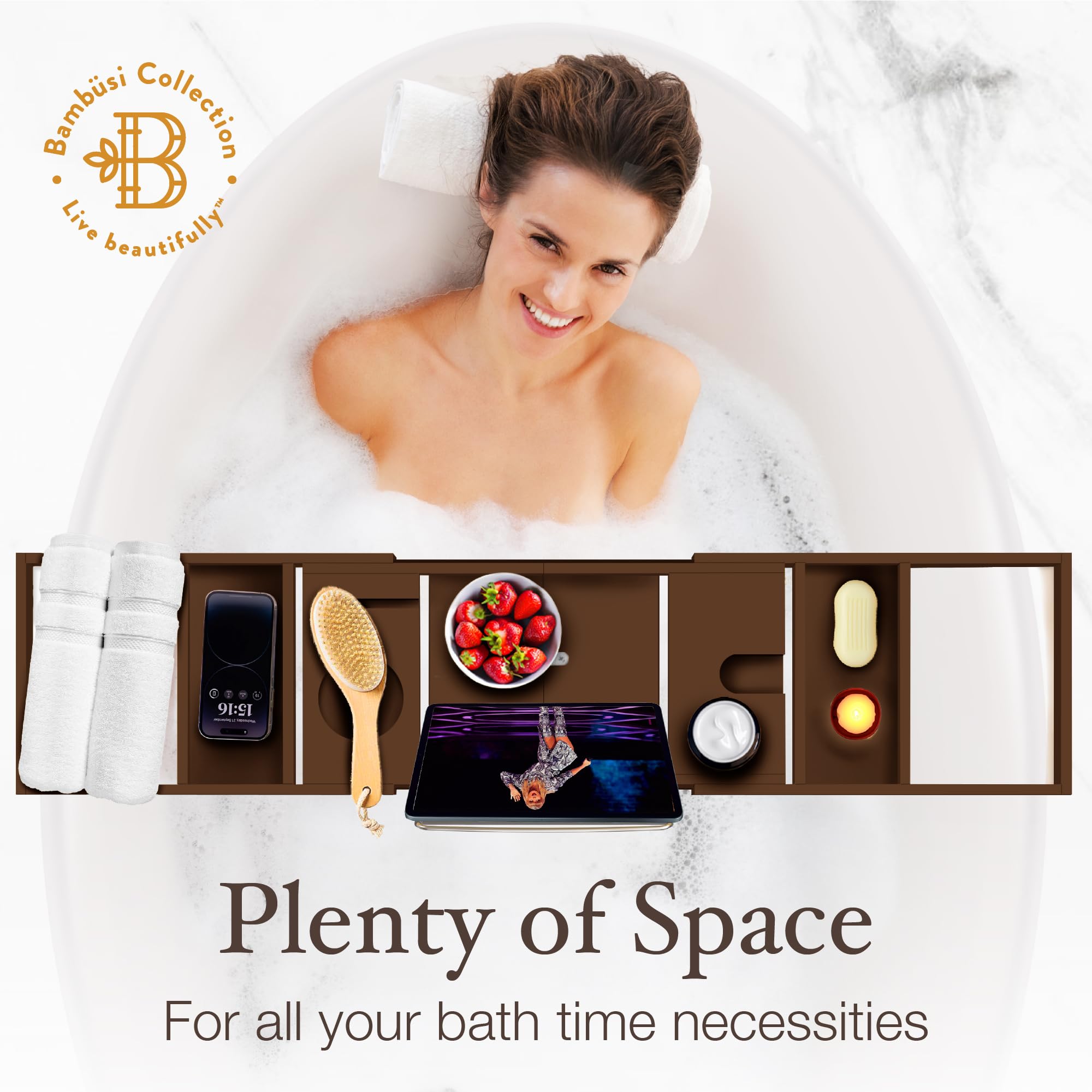 Bambüsi removable spa trays with soap and candle for organized storage