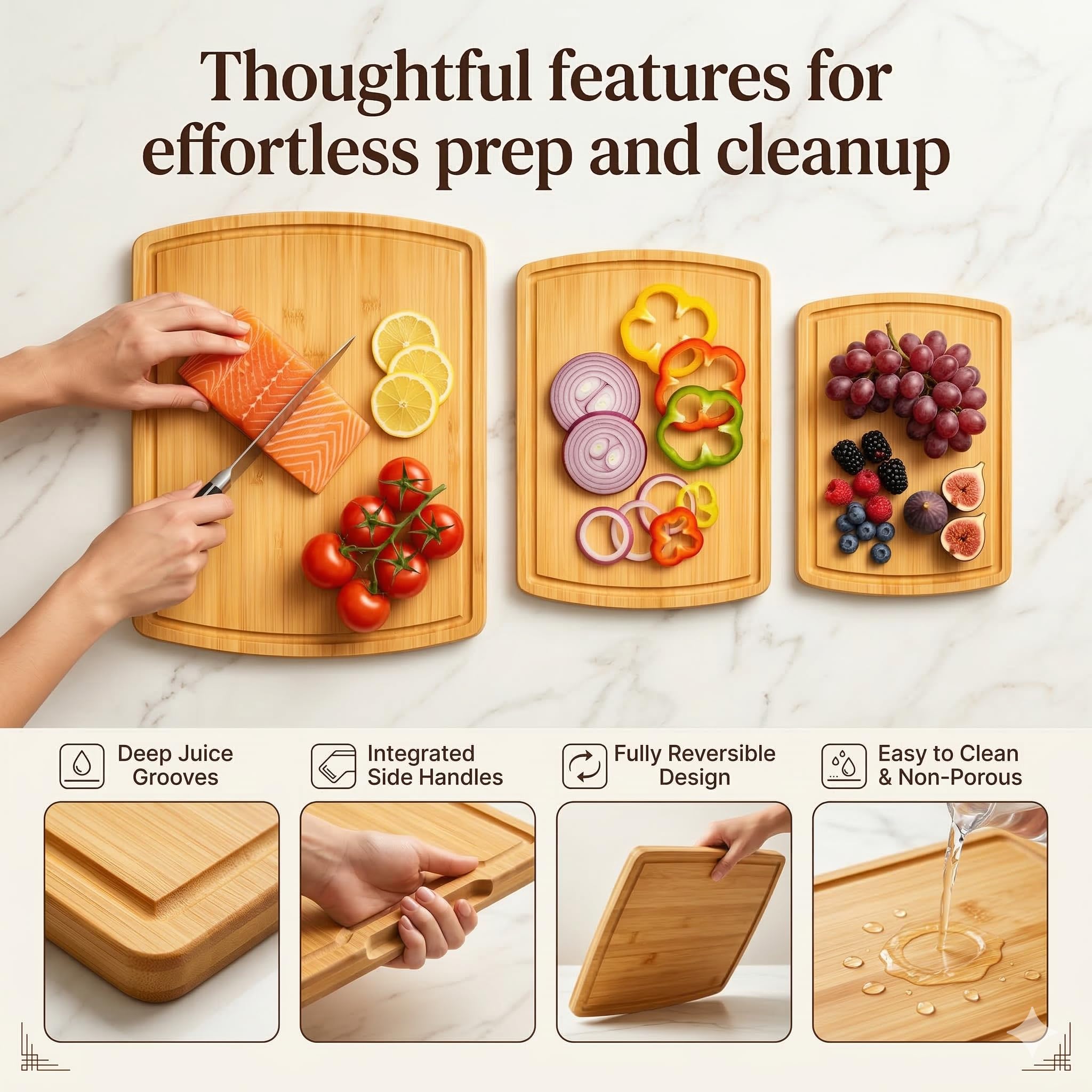Bambüsi three boards side-by-side to show large, medium and small sizes