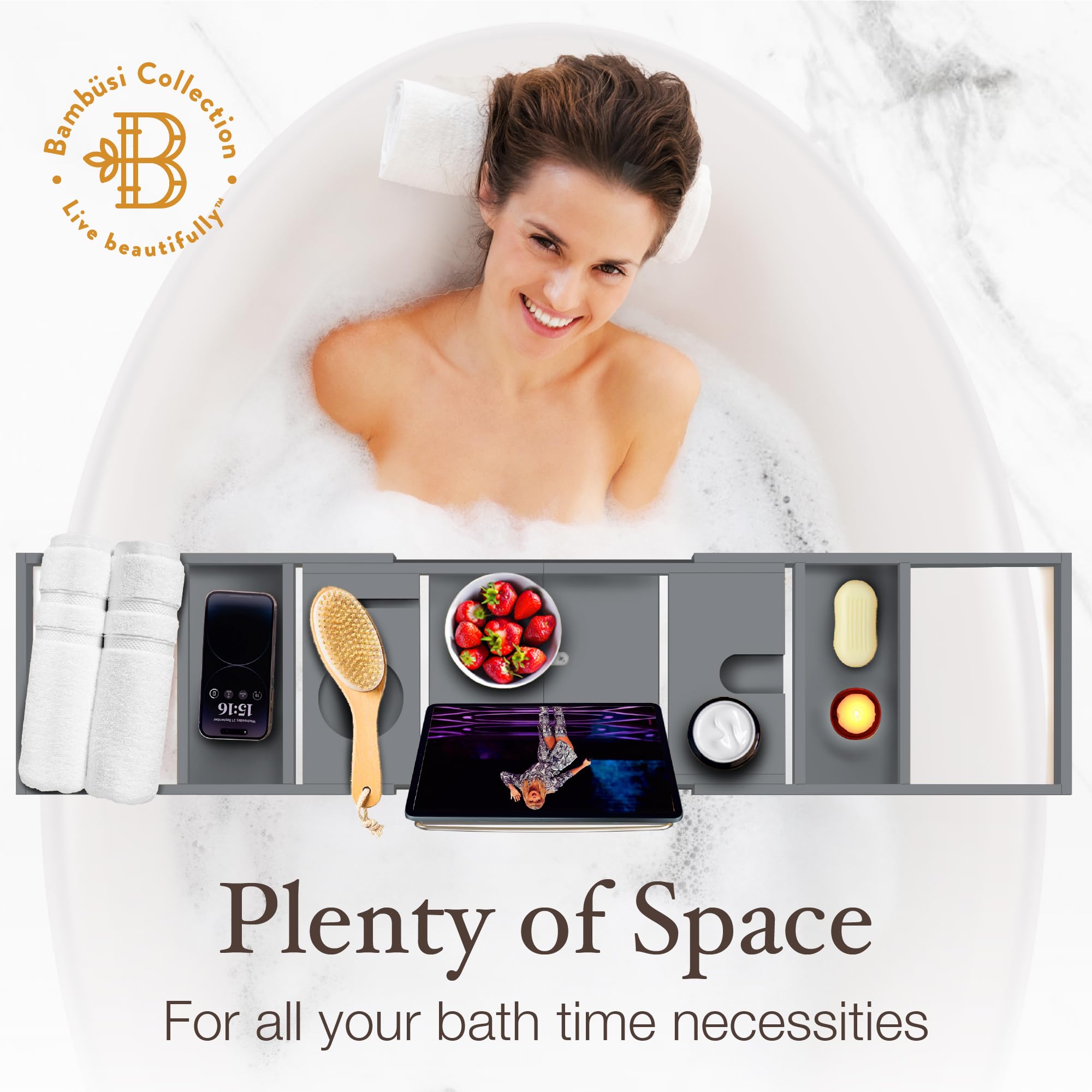 Bambüsi tray shown with tub to demonstrate scale and practical coverage for essentials