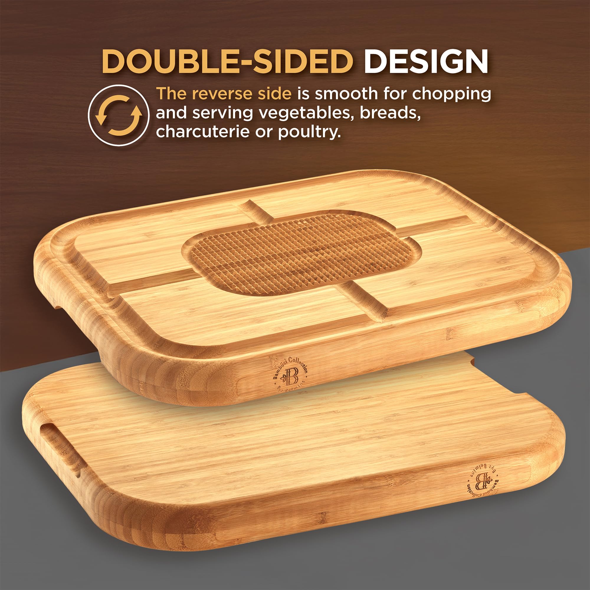Bambüsi board beside hand and knife for scale to show large surface