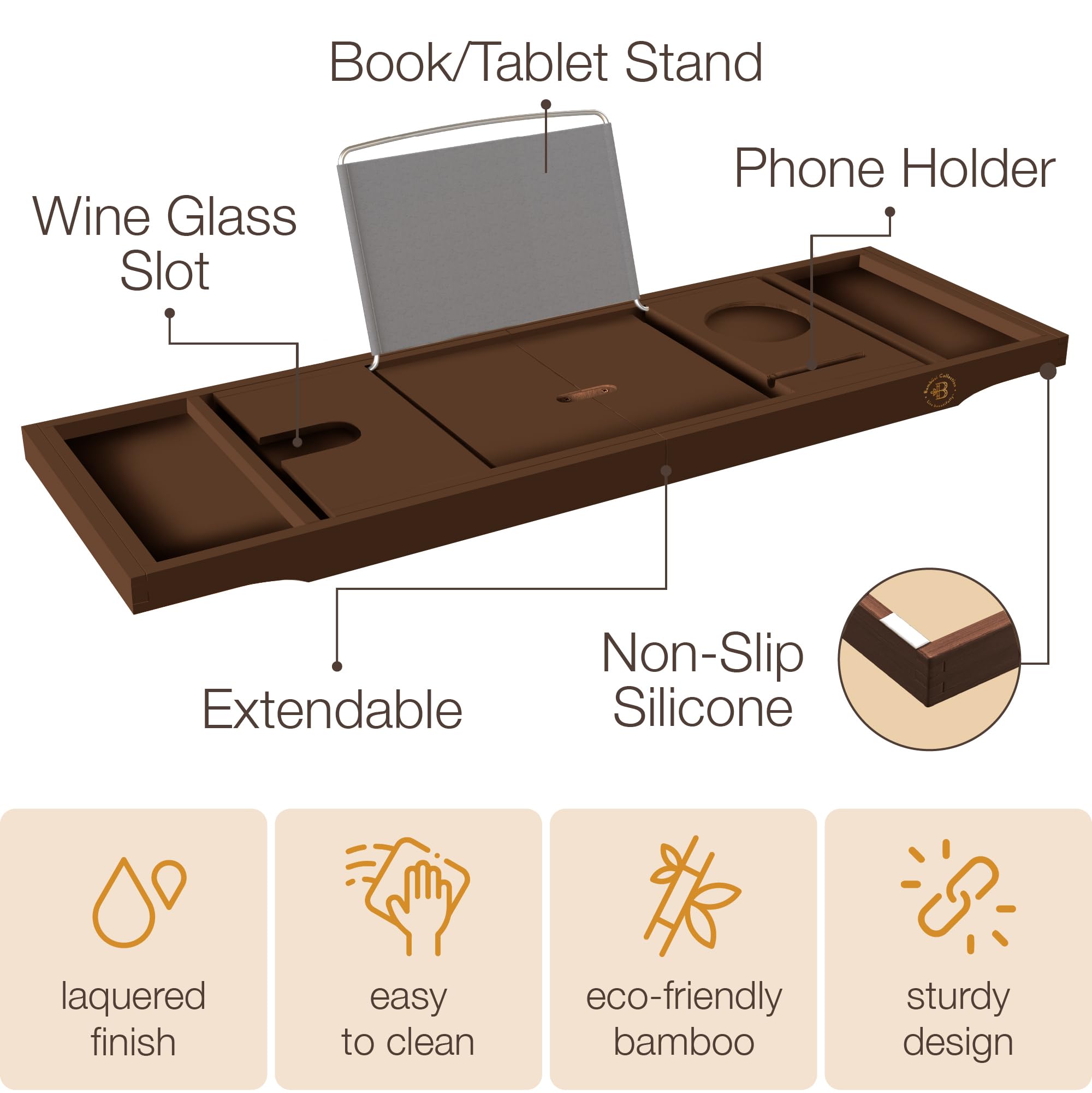 Bambüsi wine glass holder detail preventing spills while bathing