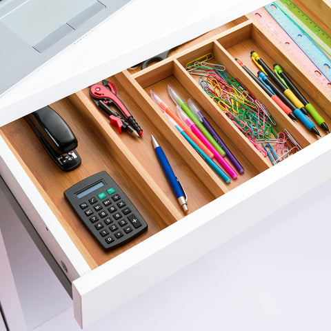 Bambüsi used as desk drawer organizer with pens and clips for versatile storage