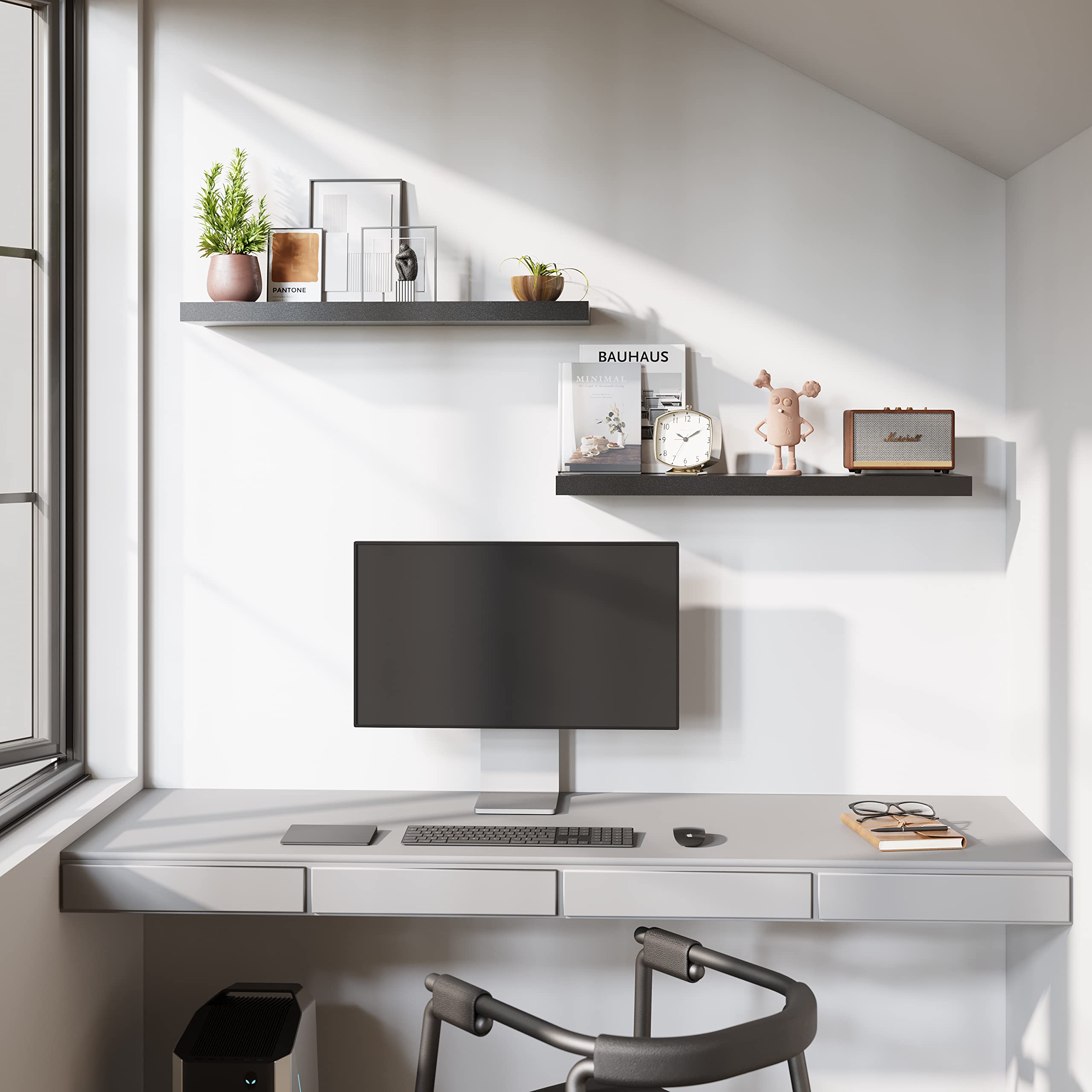 BAMEOS shelf in bathroom holding toiletries to maximize counter-free storage benefit