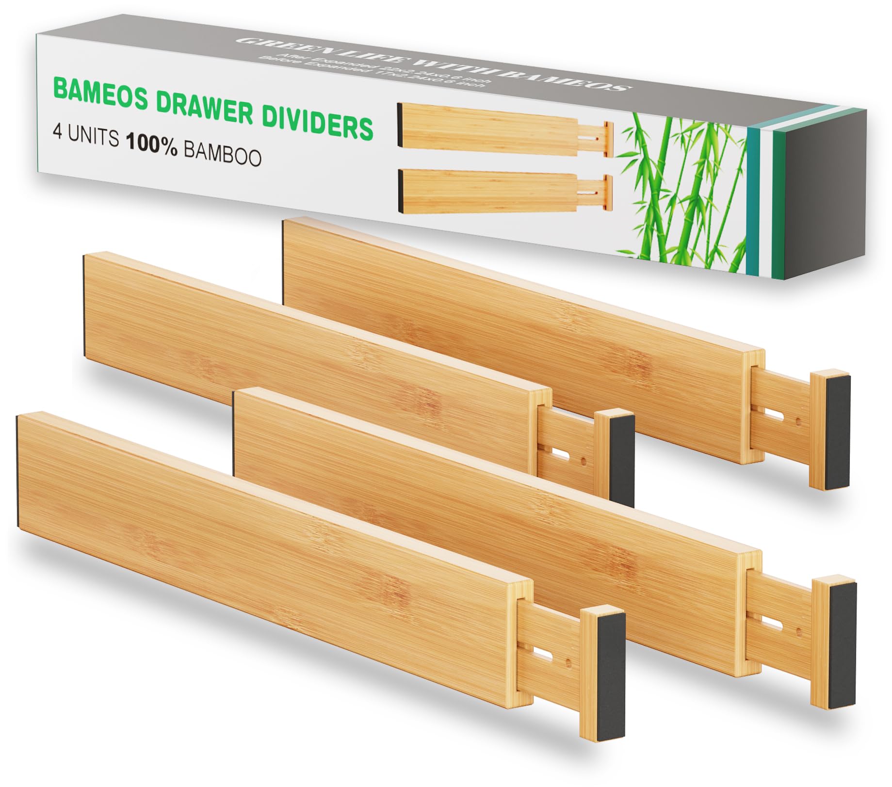 BAMEOS front view of four bamboo dividers showing neat organized storage benefit