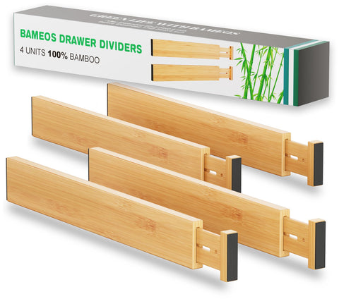 BAMEOS front view of four bamboo dividers showing neat organized storage benefit