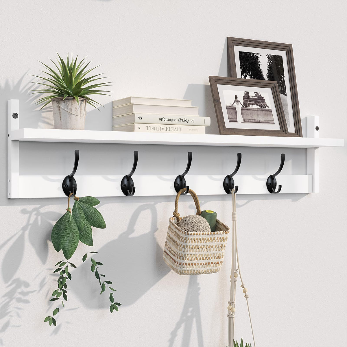 BAMEOS front view showing white shelf and five dual hooks for neat storage